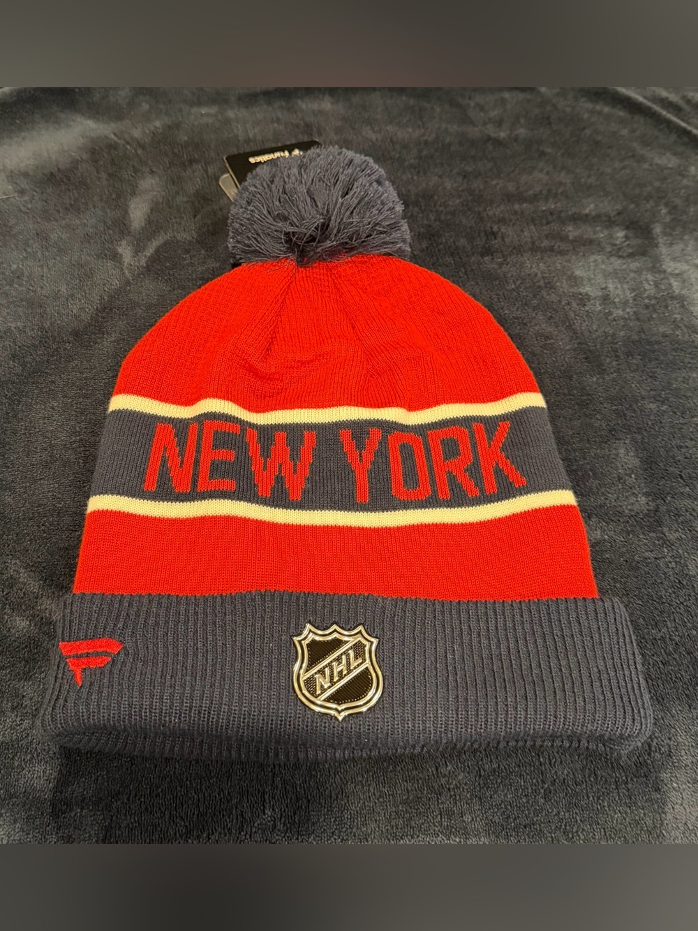 NHL New York Red, Navy Blue and white Pom winter hat